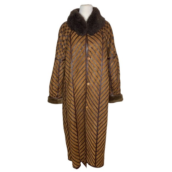 RARE VTG Women's Leather Long Faux Fur Lined Coat